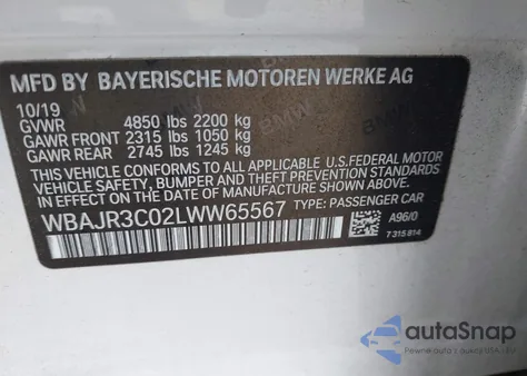 2020 BMW 530I from USA, damaged, VIN WBAJR3C02LWW65567
